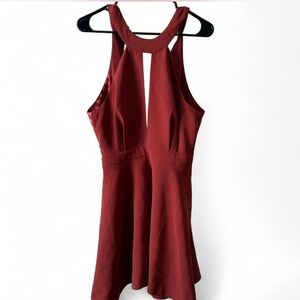 Burgundy Halter Neck Fit and Flare Dress